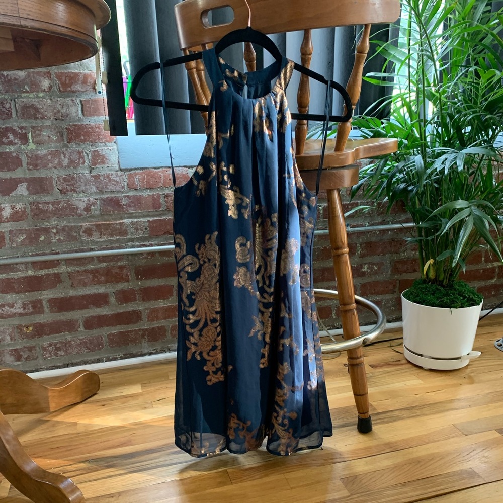 Beautiful Fancy Formal Blue and Gold Flowy Dress